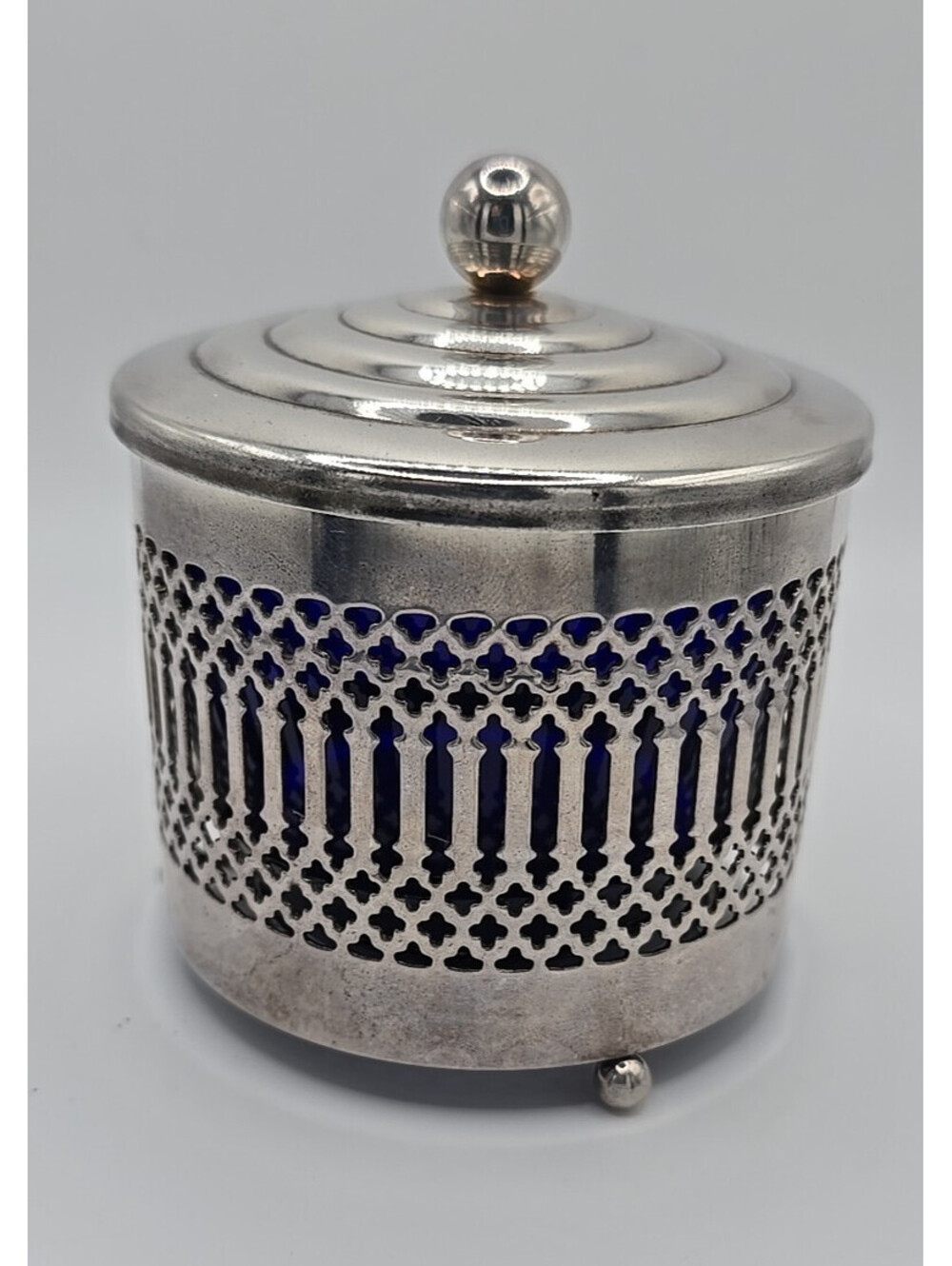 Silverplate Serving Container with Colbalt Blue Jar, made in England